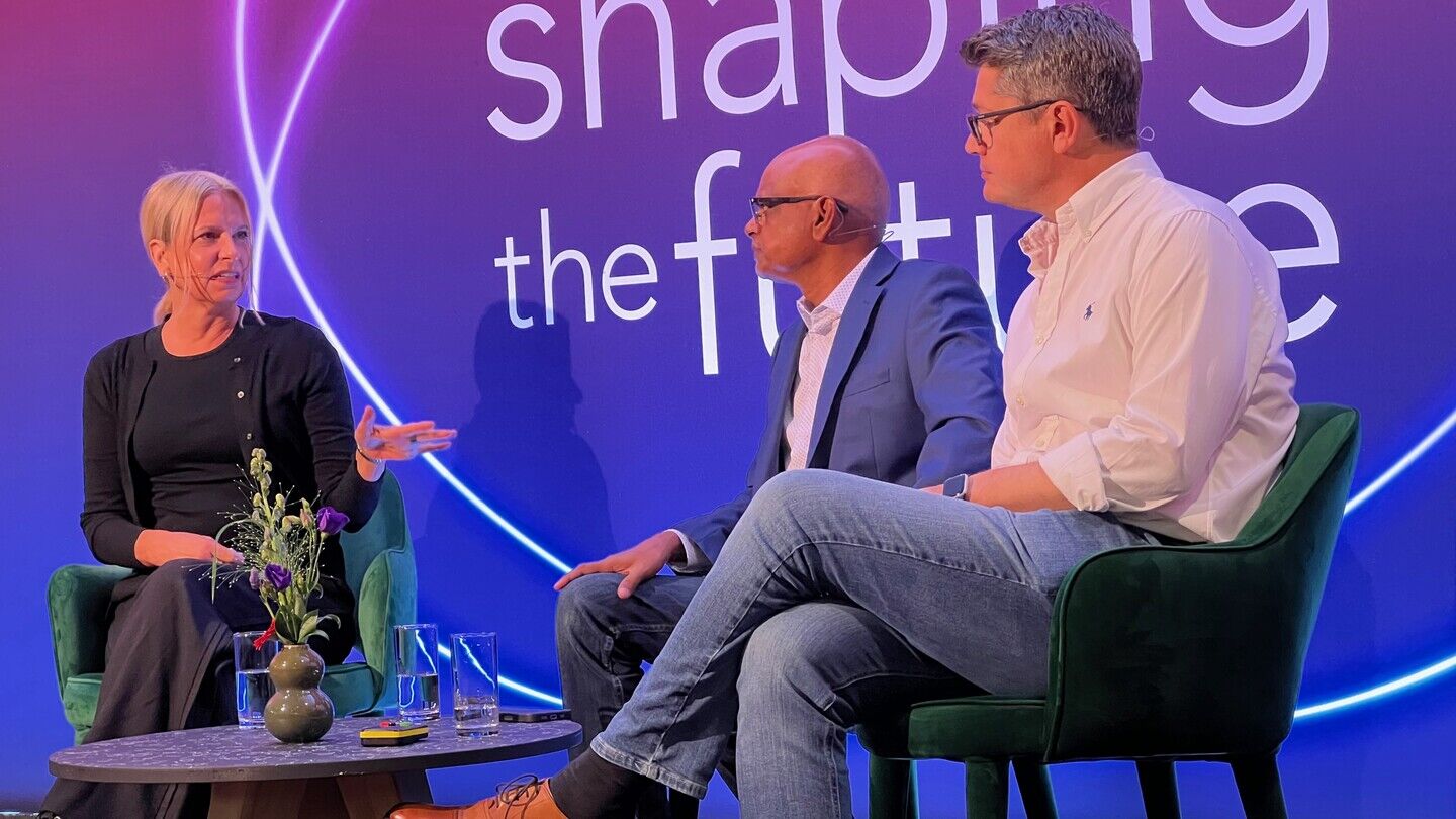 (L-R) Session host Maria Ingold, mireality, with Avi Saxena, WBD, and Simon Farnsworth, ITV